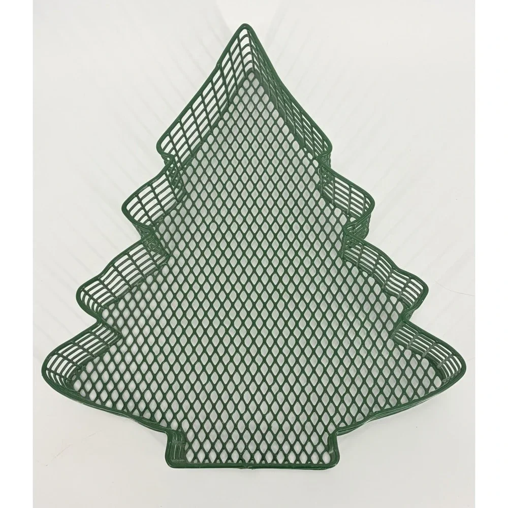 Vintage Metal Christmas Tree Shaped Coated Wire Basket Green 12 Inches